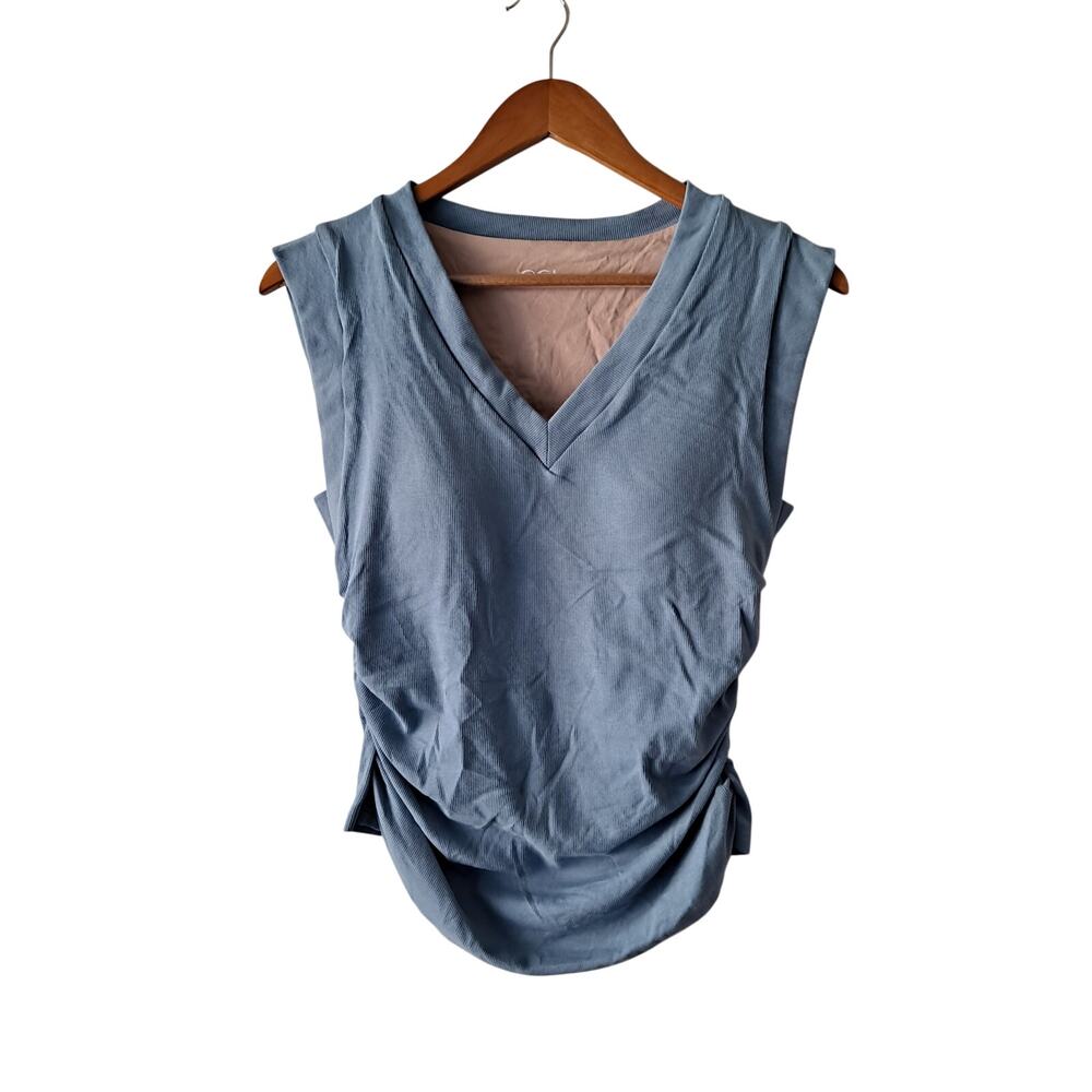 NWT OGL Plantive Stretch Cotton V-neck Side Ruched Muscle Bra Top Blue Size L